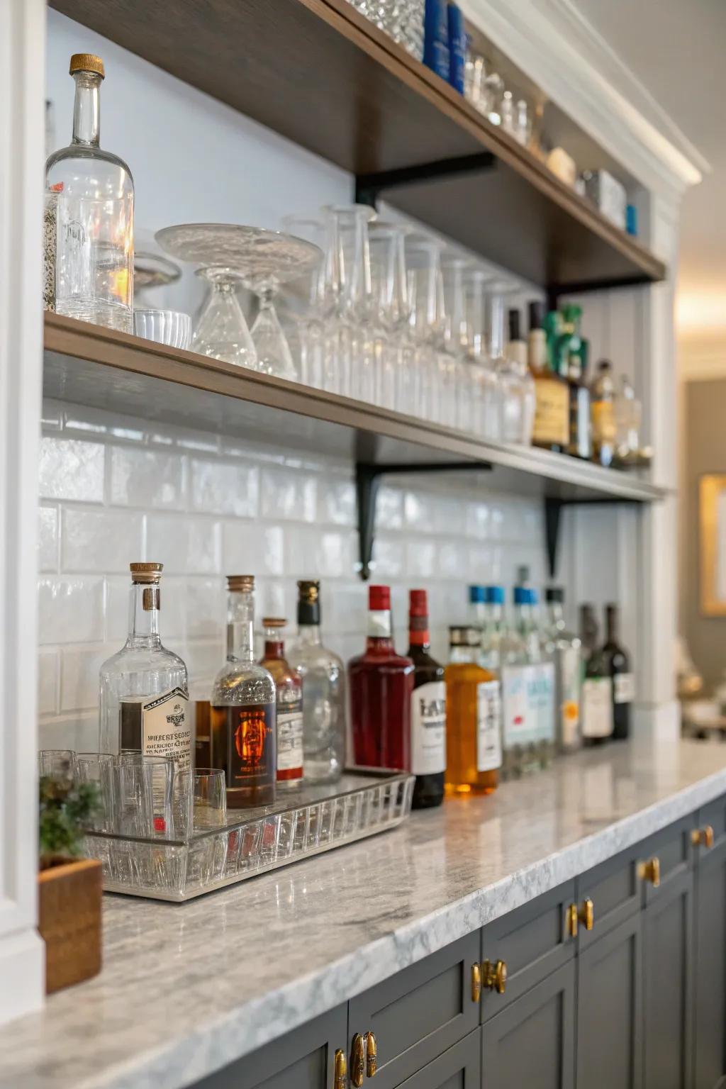 Open shelves stylishly show off your drinks and stemware.