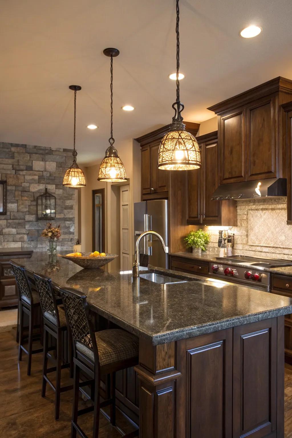 Light fixtures that add sophistication and a warm feel to your bar island.