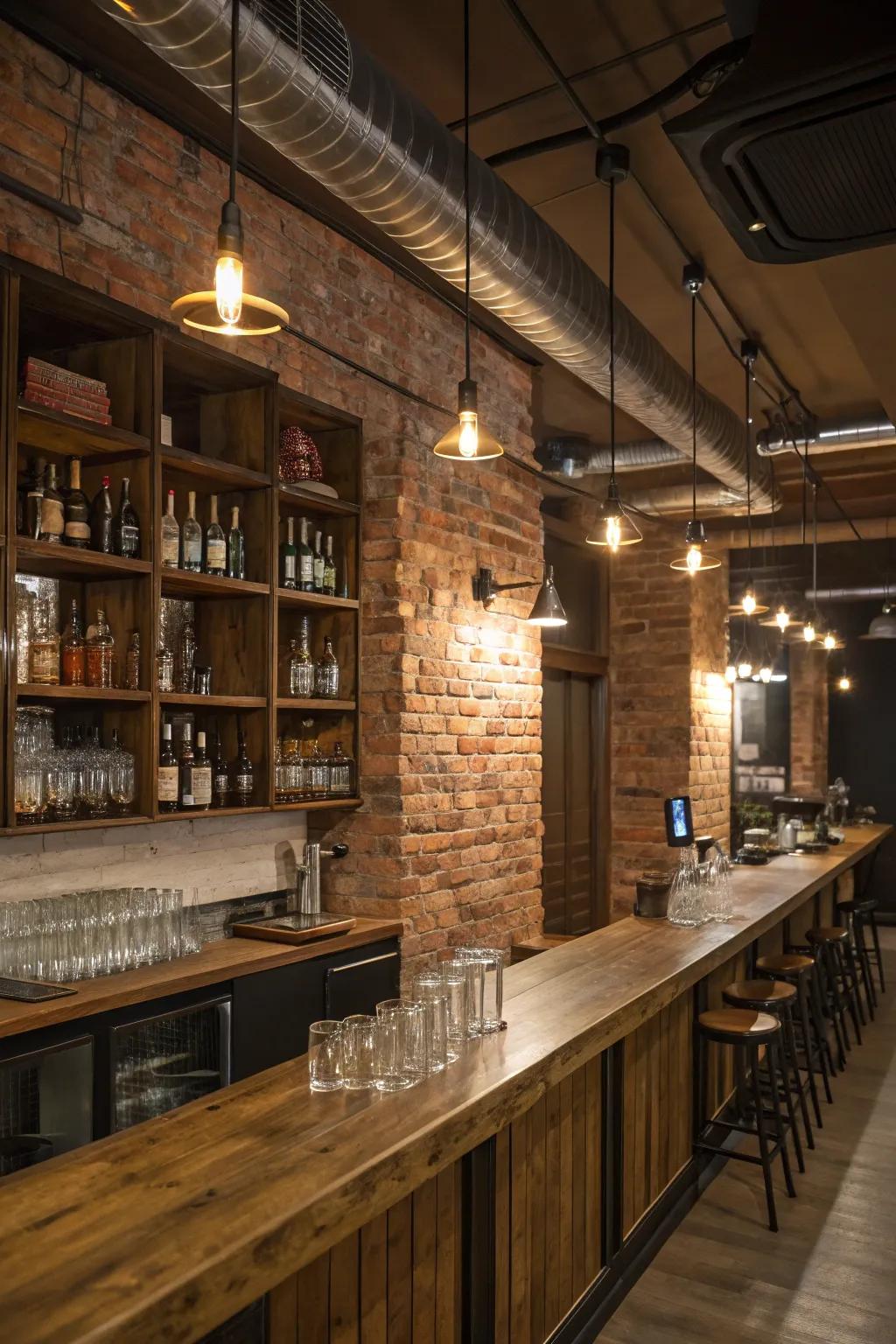 Walls of exposed brick deliver an urban-chic aesthetic, simultaneously inviting and stylish.
