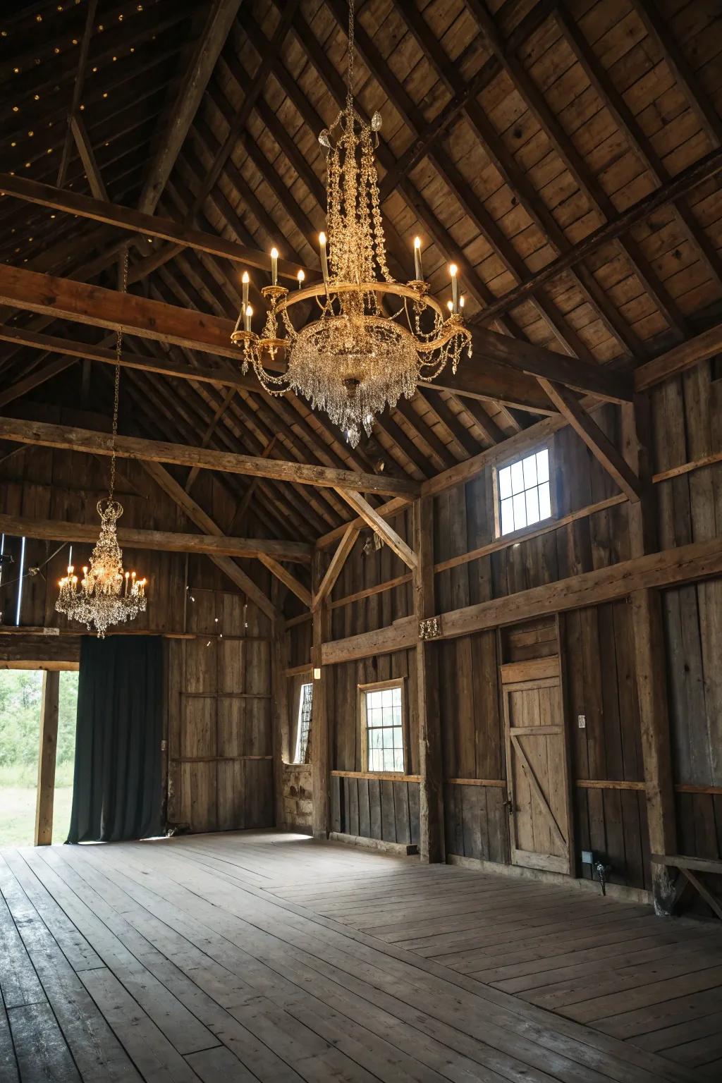 Hanging fixtures infuse refinement into country barn environments.