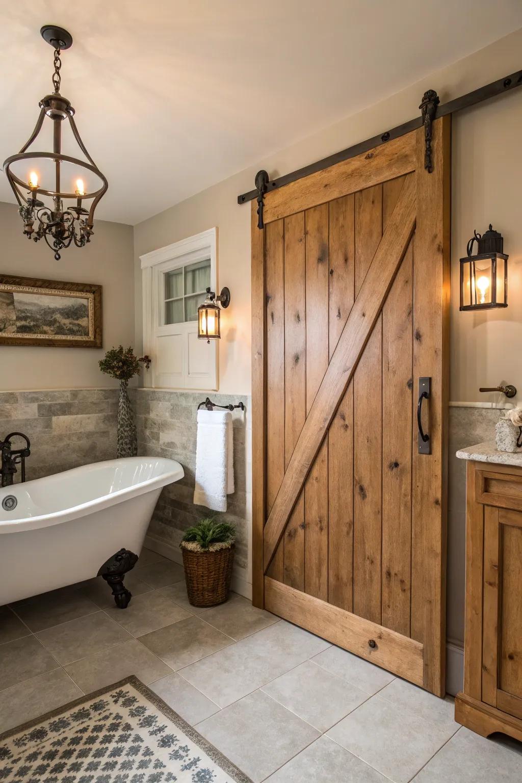 Unaltered wood surface delivers coziness and countryside charm to any restroom.