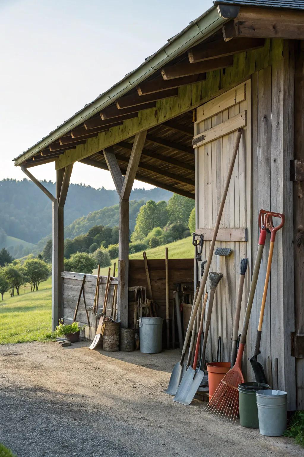 A barn featuring a full-length overhang, providing extensive protection from the elements.