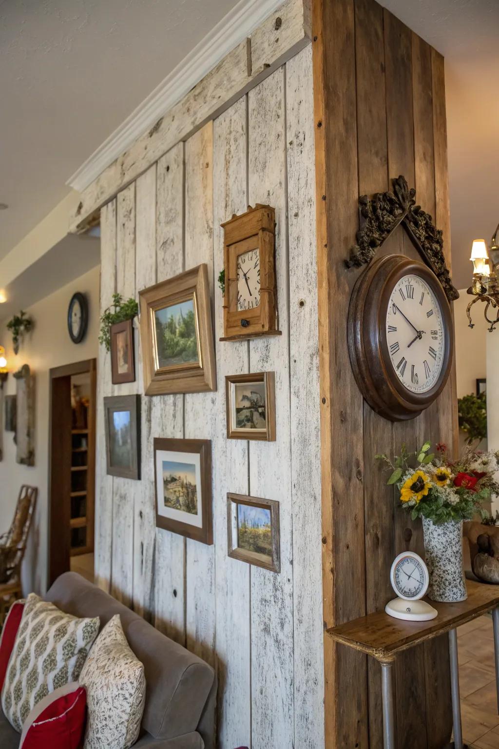 Ornamental items enhancing a barnwood wall.