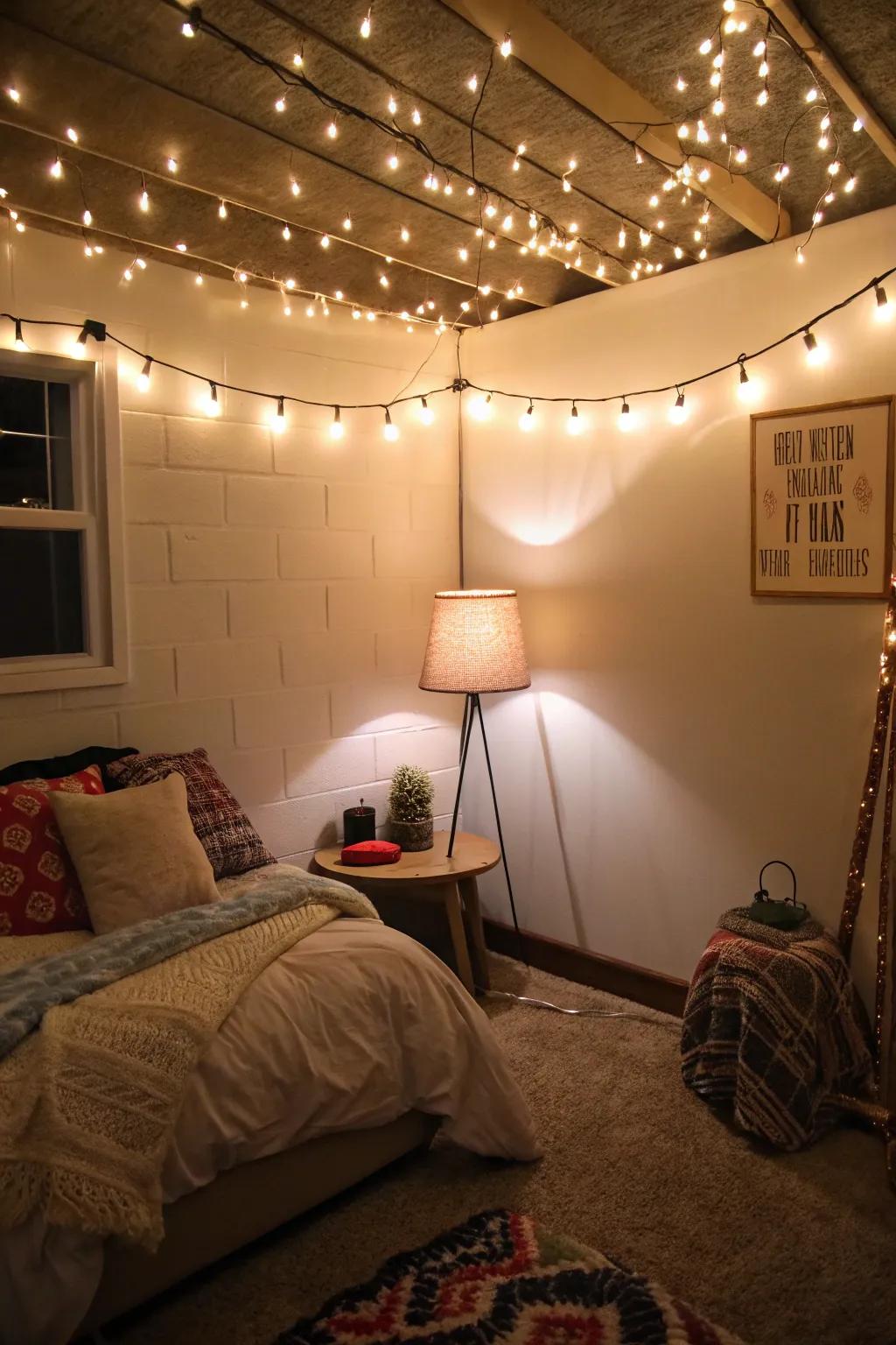 Miniature string lights and delicate lamps impart a cozy atmosphere to this basement bedroom.
