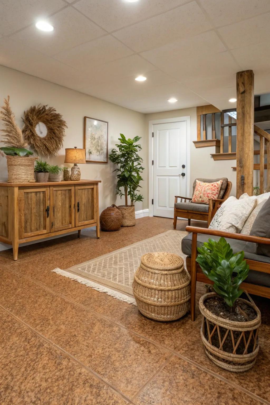 Cork flooring brings in natural warmth and muffles sounds.