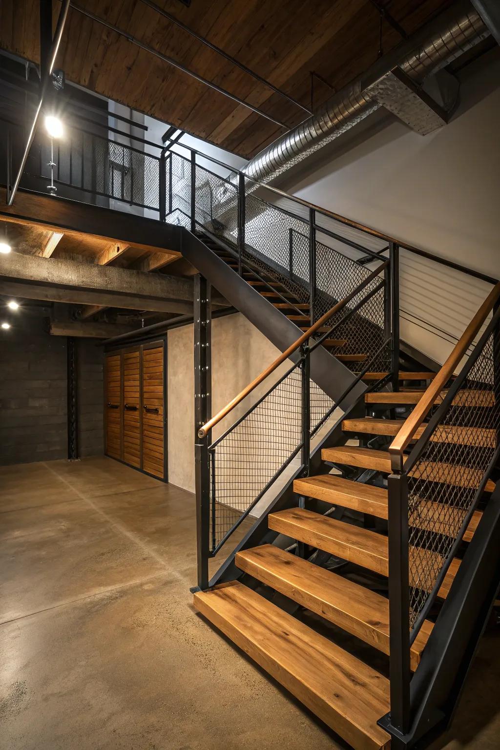 A modern stairway design is achieved by perfectly combining wood and metal.