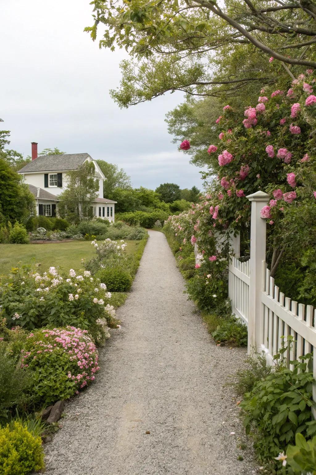 A gravel pathway facilitates easy navigation through the garden.
