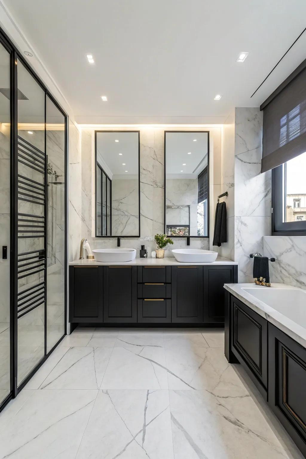 Black cabinets provide a dramatic contrast in modern spaces.