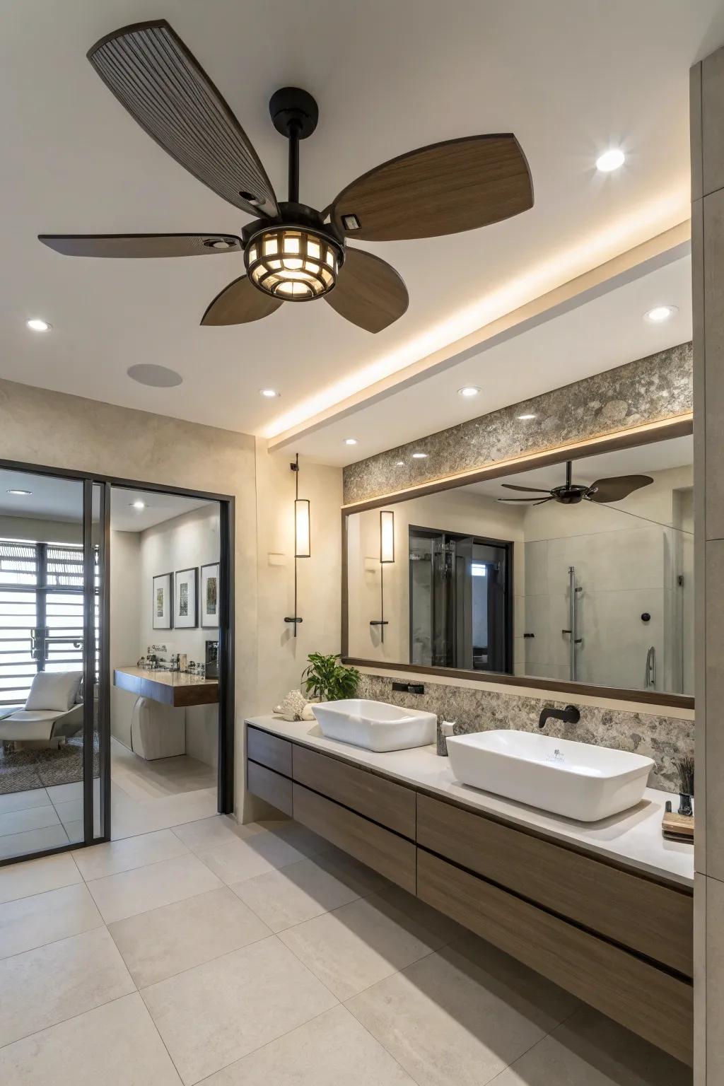 A modern bathroom presenting a sleek, contemporary ceiling ventilator with a light.