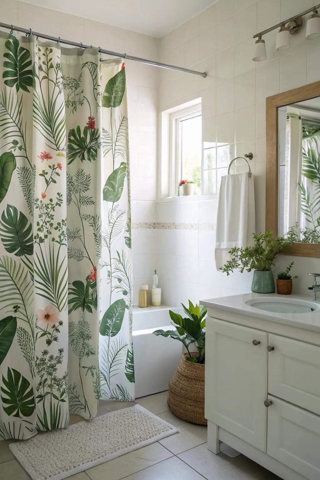 Plant-based prints forge a revitalizing, nature-stimulated atmosphere in your washroom.