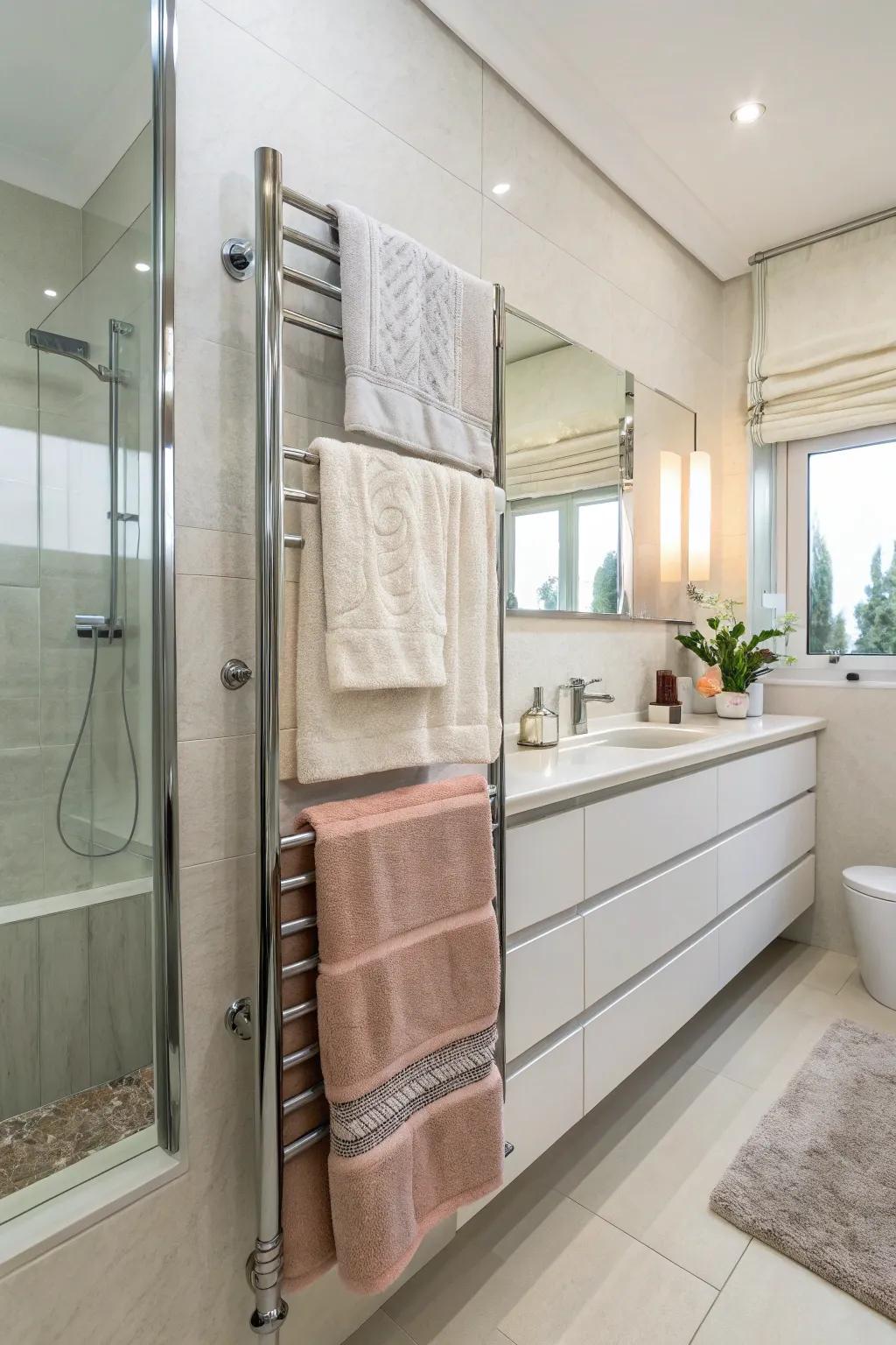 Layered towels on a rail add both practicality and style to your bathroom.