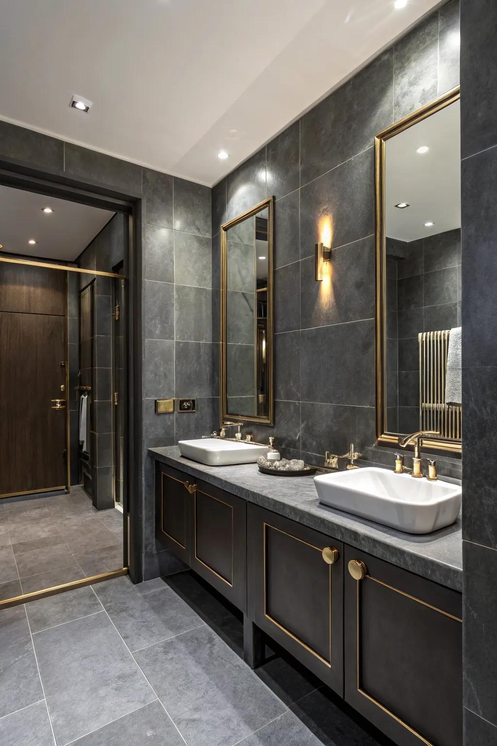 Deep gray contributes a sophisticated touch to the bathroom.