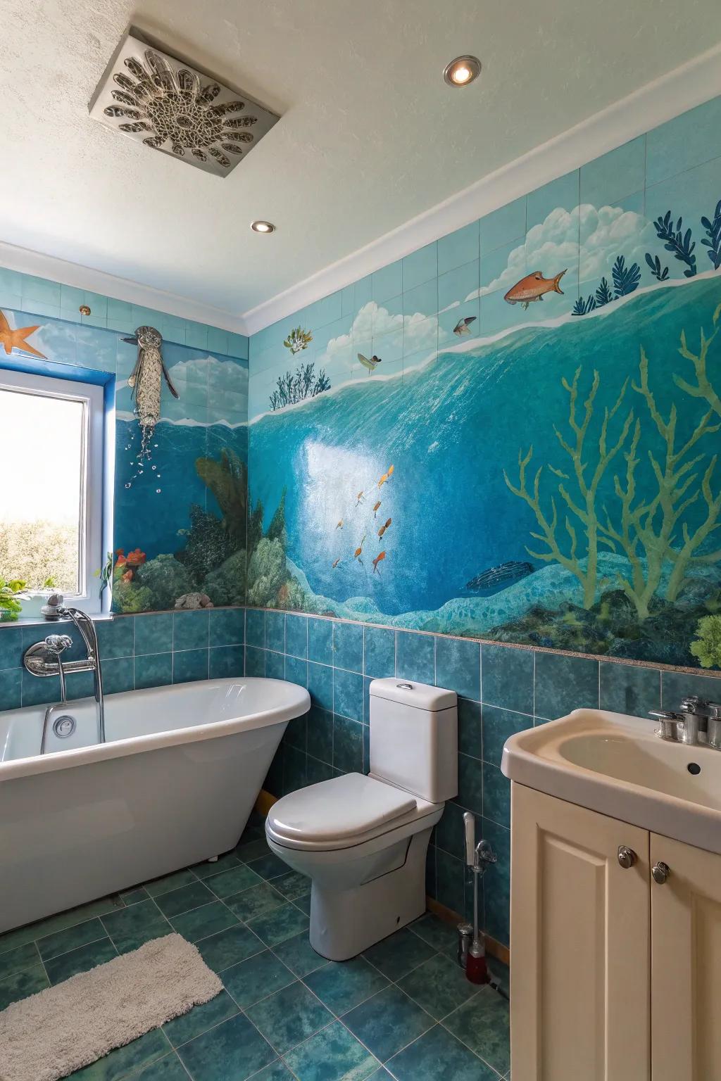 An aquatic-themed bathroom with sea-inspired wall decor.