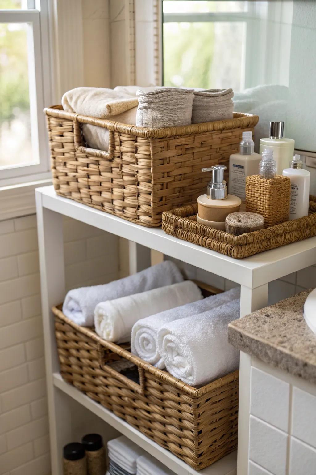 Woven baskets contribute texture and utility.