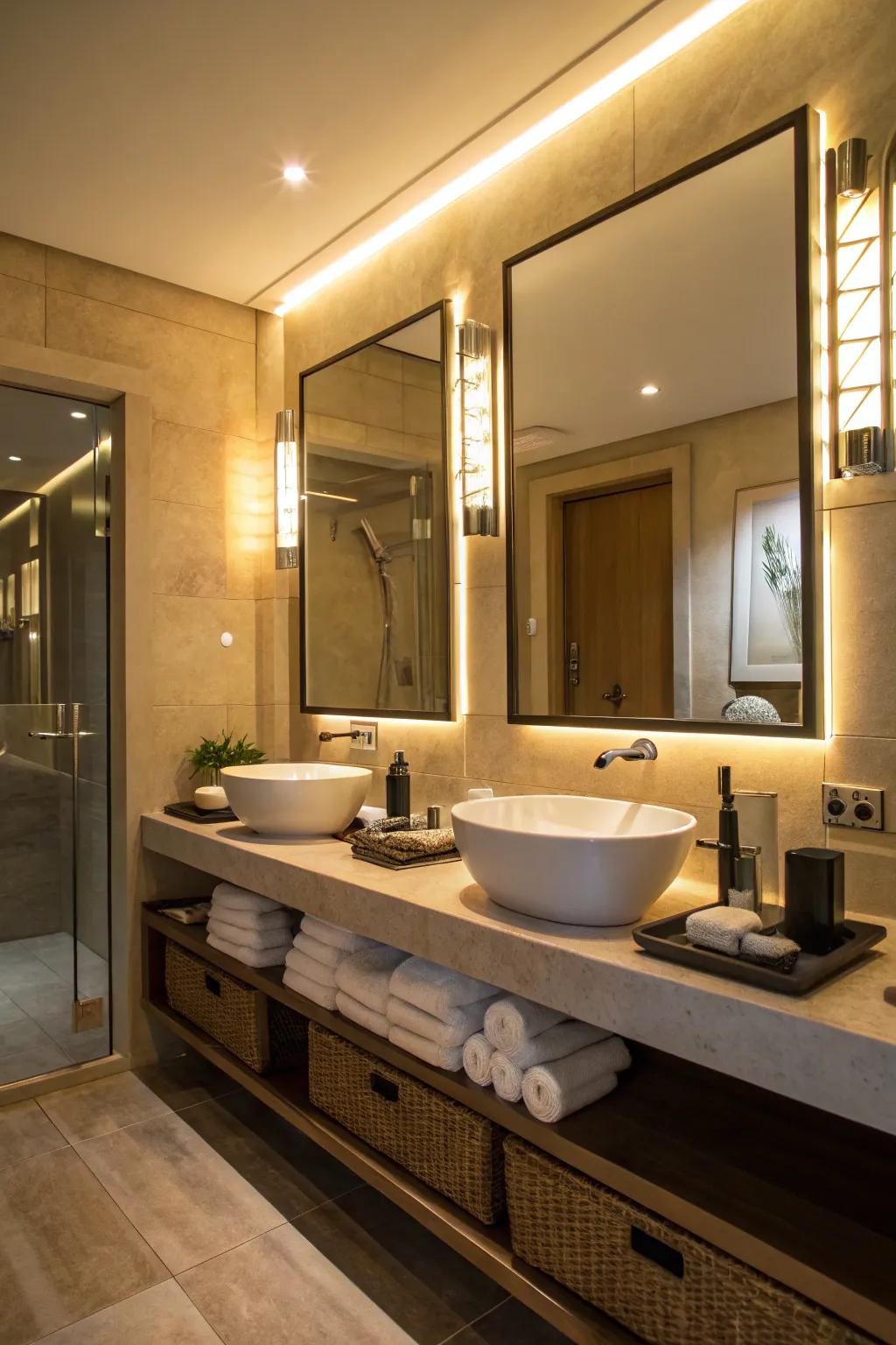 Brighten up your space with trendy lighting to improve the bathroom's mood.