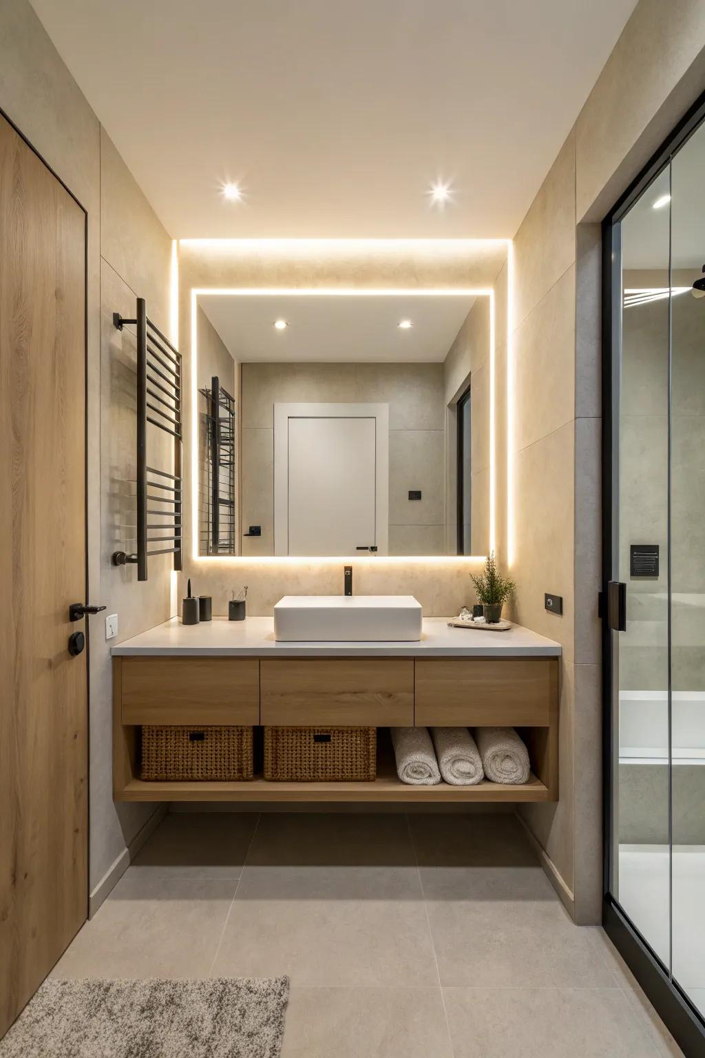 Built-in mirror illumination gives a polished, contemporary feel.