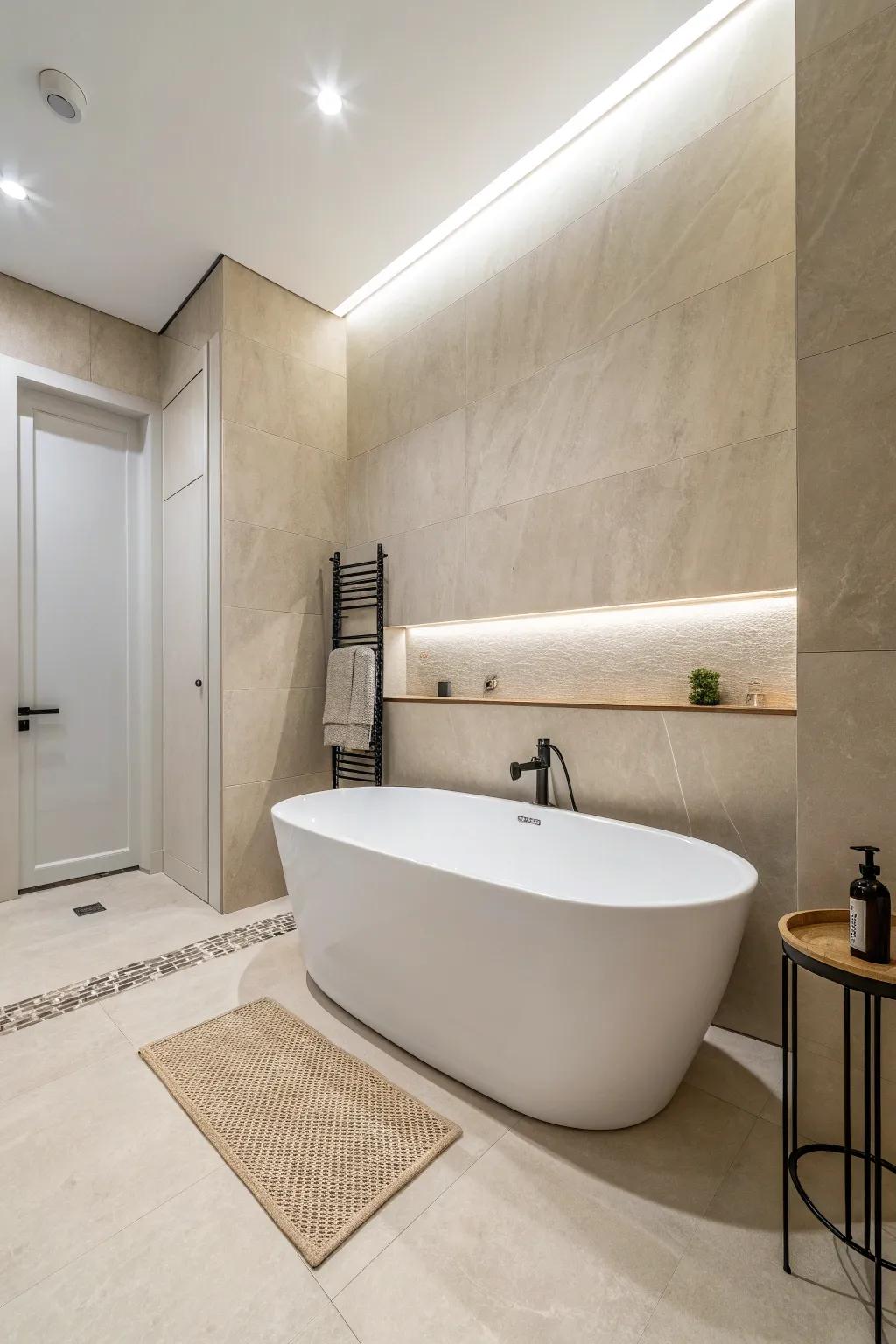 A pristine white bathtub in a minimalist environment fosters a serene atmosphere.