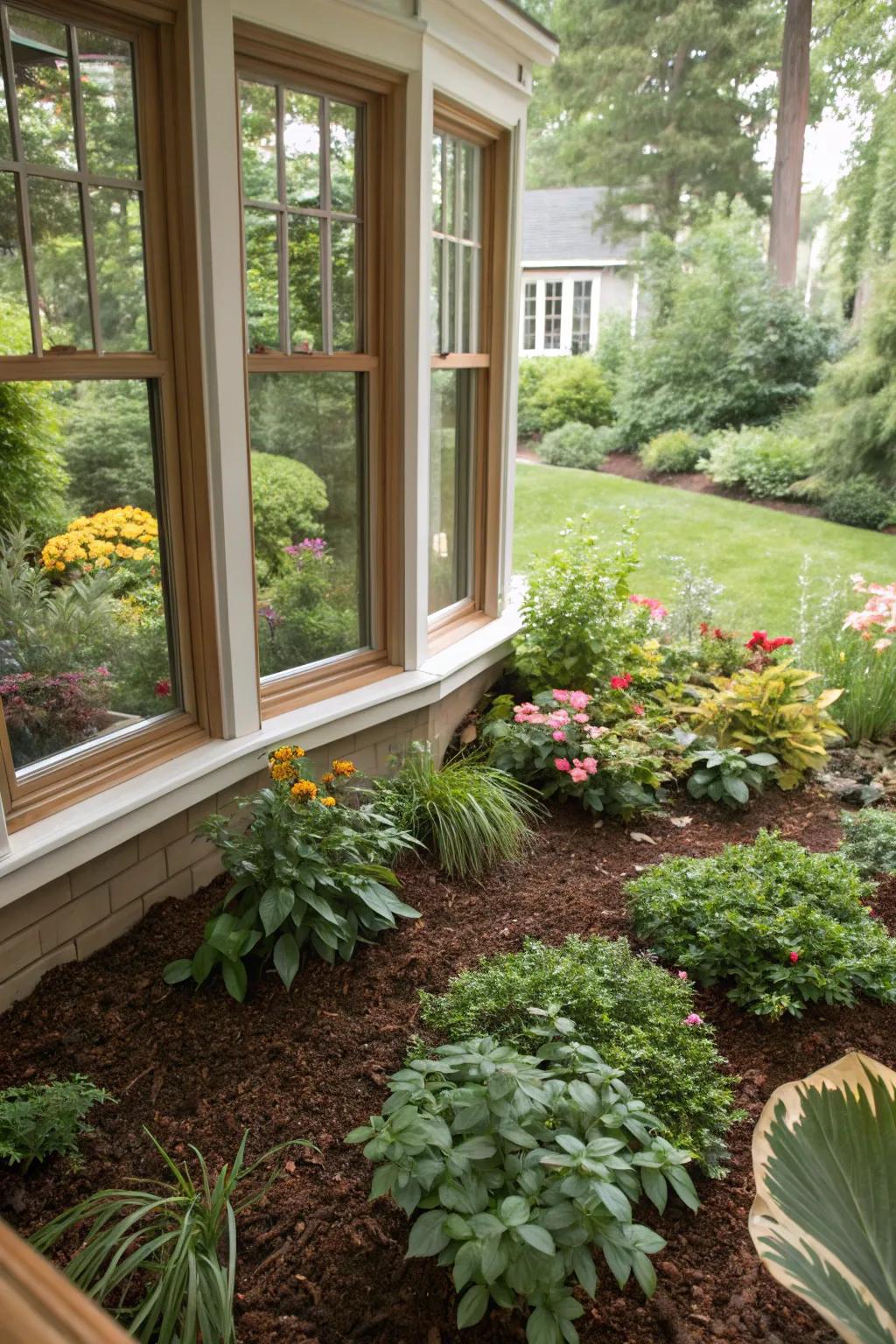 Redwood ground cover improving the tidiness and shade beneath a bay window.
