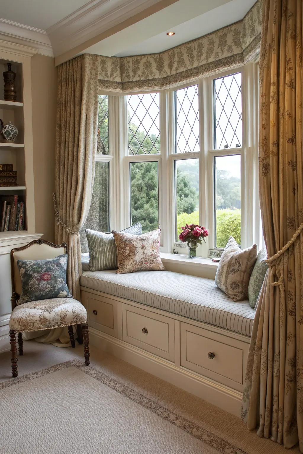 Integrated stowage beneath the window seating preserves your zone as structured and stylish.