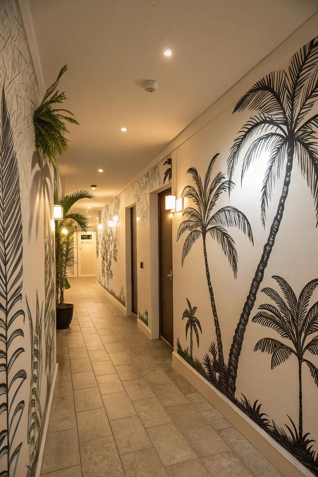 Redesign your corridor into a tropical getaway with verdant frond silhouettes.