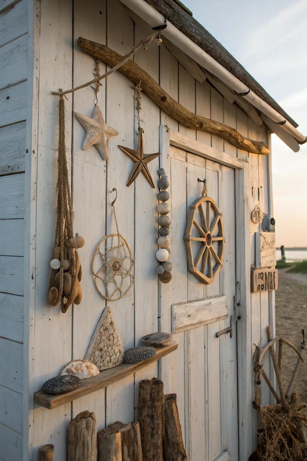 Handcrafted driftwood decorations give a seaside outbuilding a naturally appealing charm.