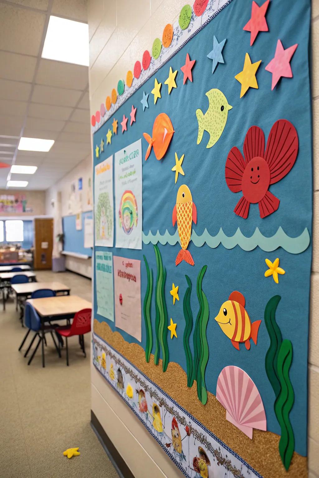 A marine-themed notice board that transports the underwater realm into the classroom.