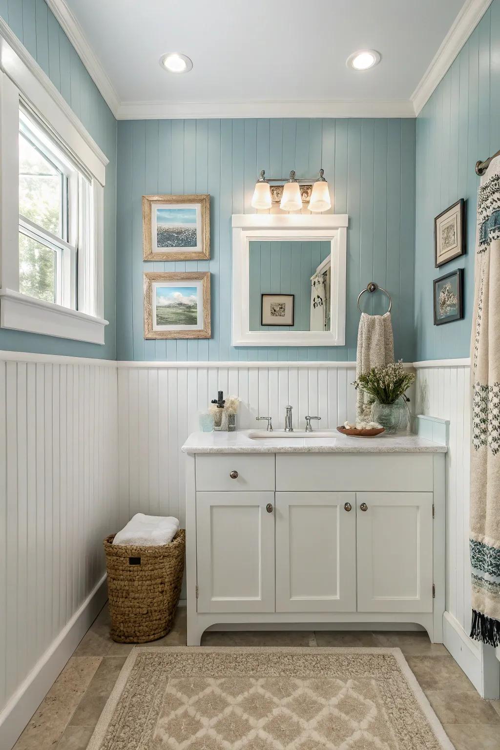 Include a dash of colour using blue plank panelling for a peaceful impression.