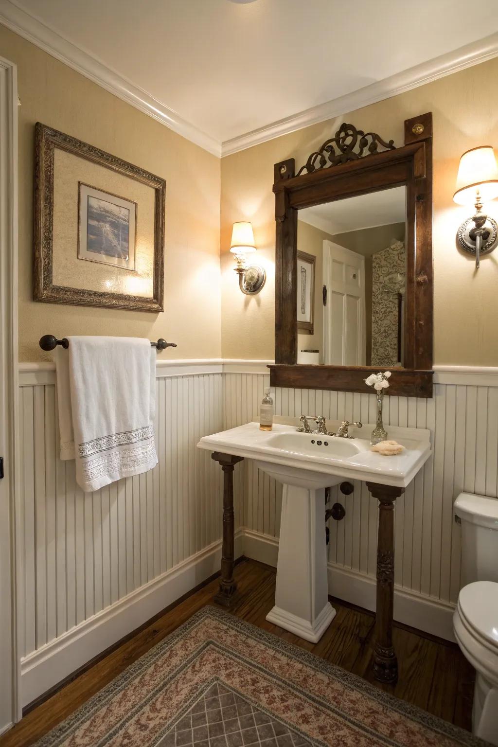 Paneled wall trim infuses sophistication into bathrooms.