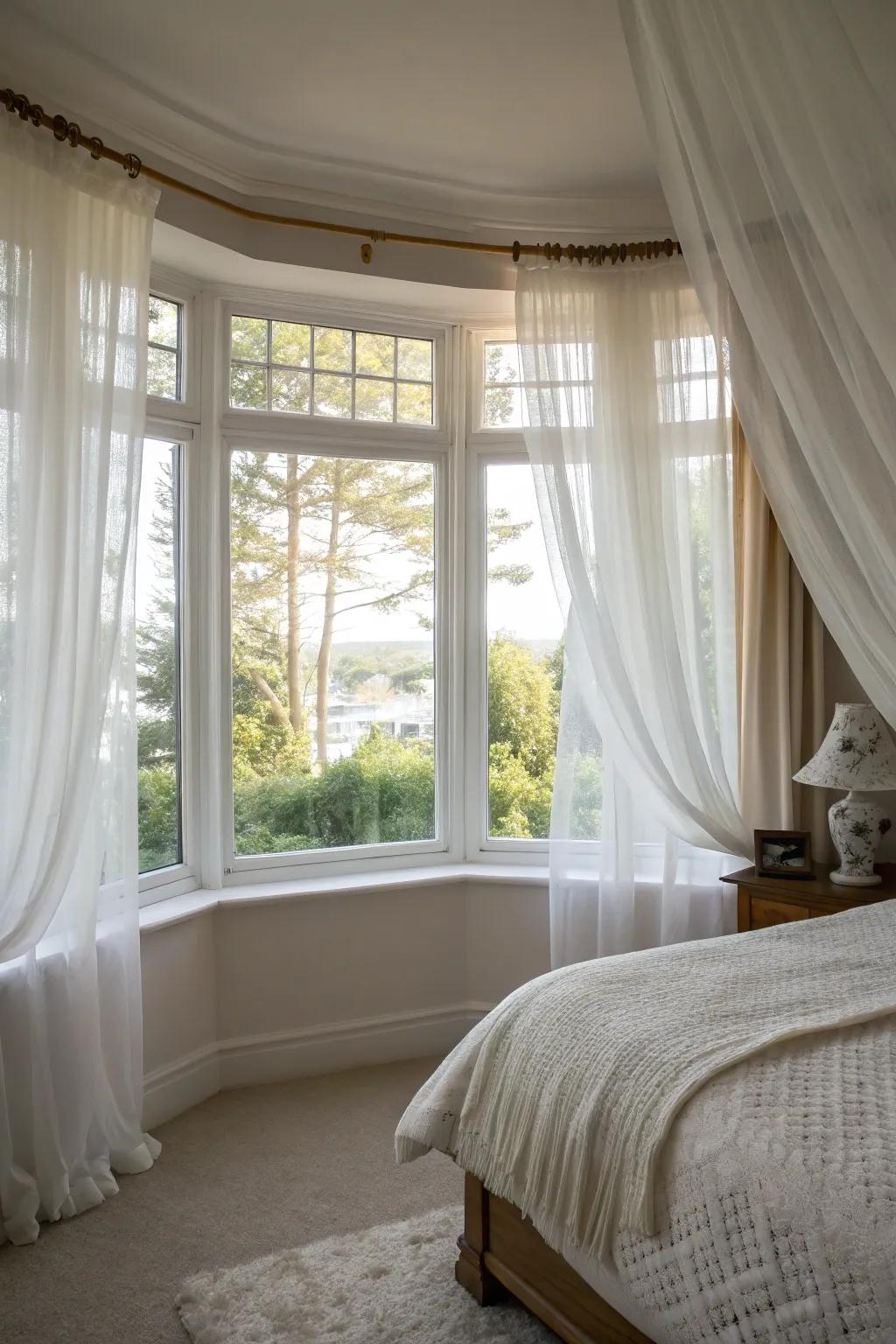Elegant, see-through curtains deliver gentleness and refinement to your bay window.