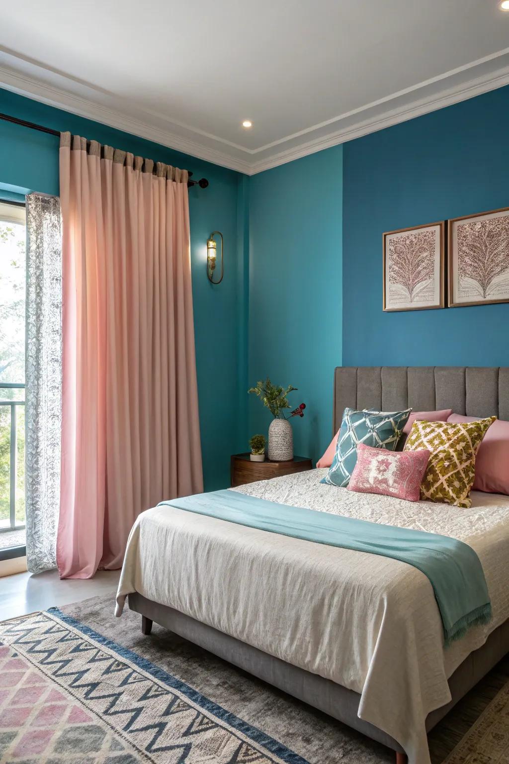 A dynamic statement wall adds character to this tranquil bedroom.