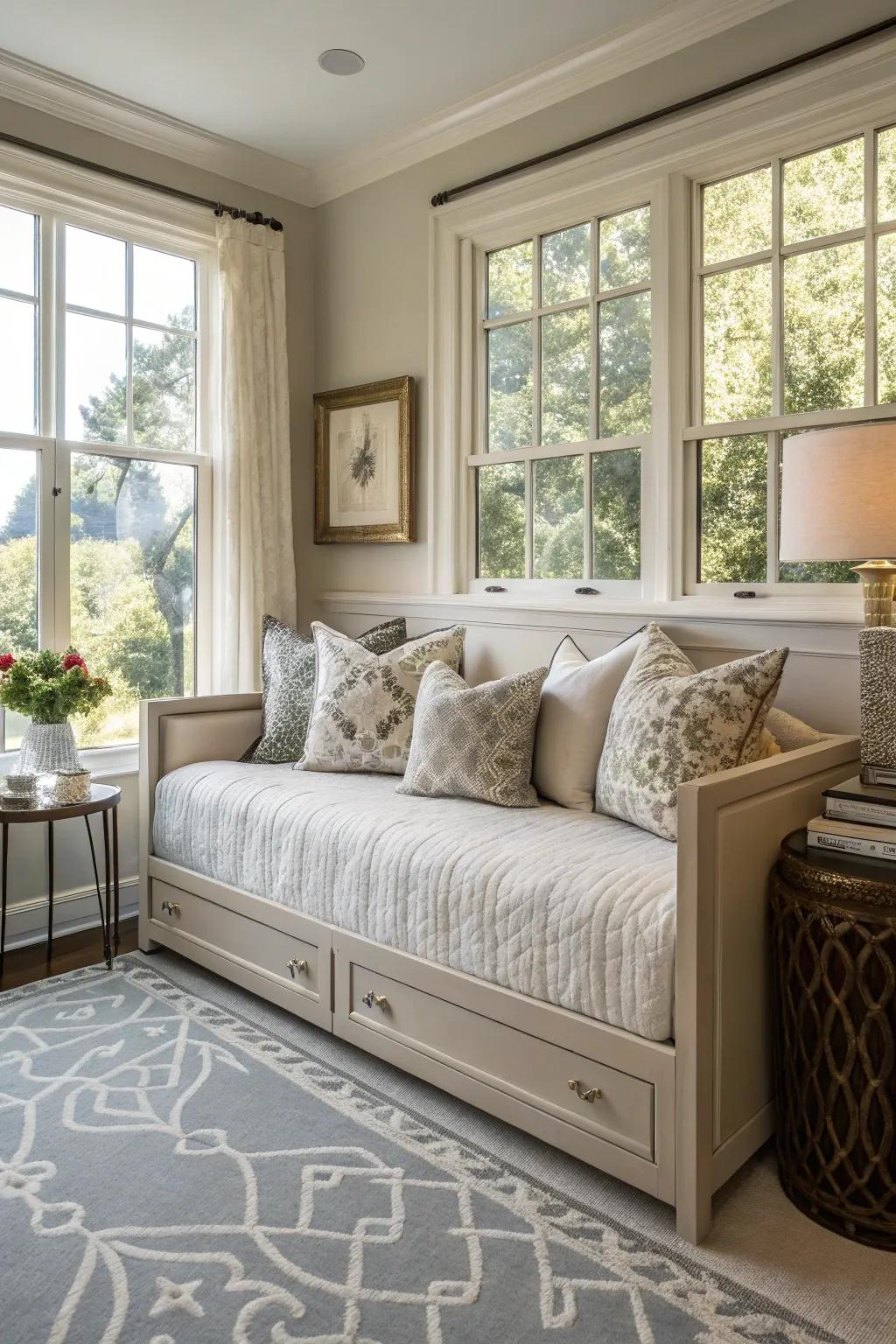 A flexible divan nestled within a bedroom context, affording both sitting and sleeping functionalities, thereby optimizing spatial efficiency.