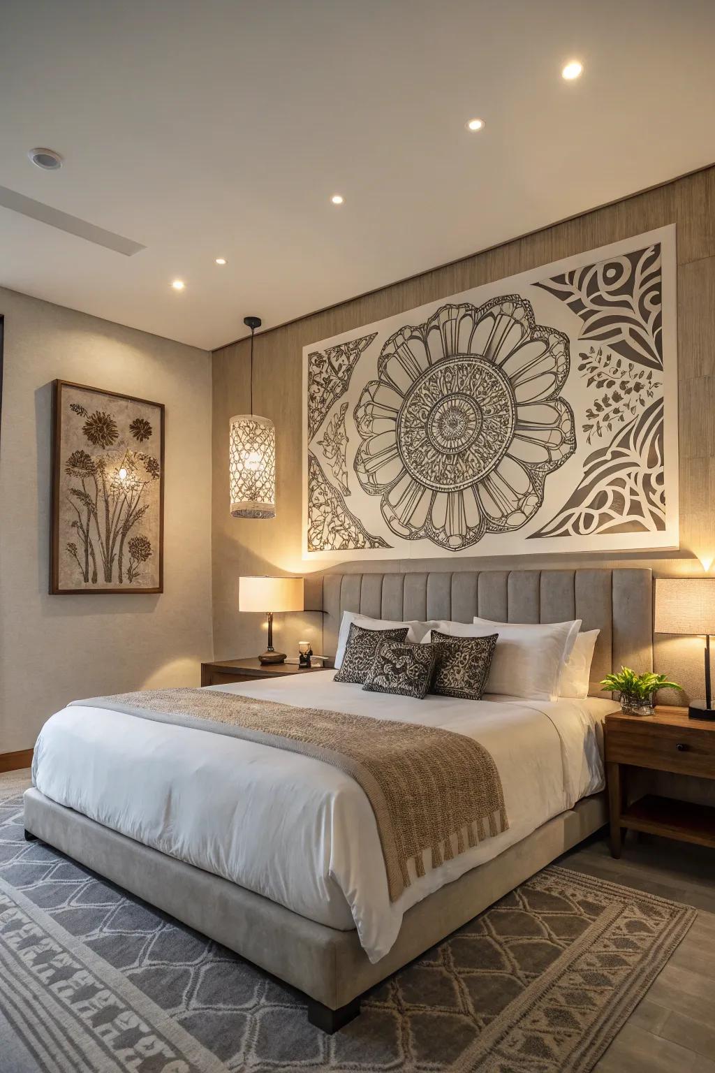 A bold statement wall art piece brings character to this modern bedroom.
