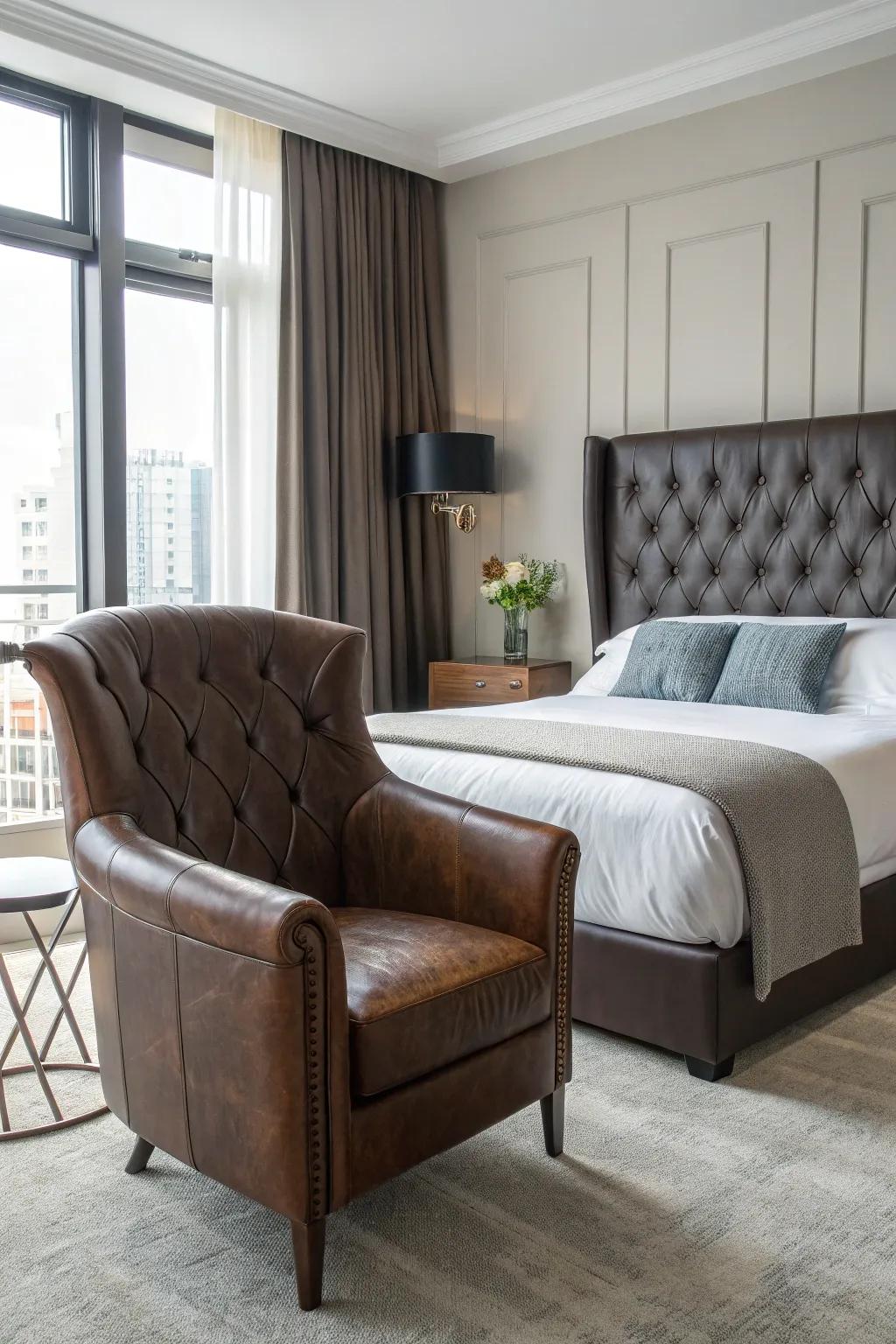Leather elements impart a lavish feel to this masculine-themed bedroom.