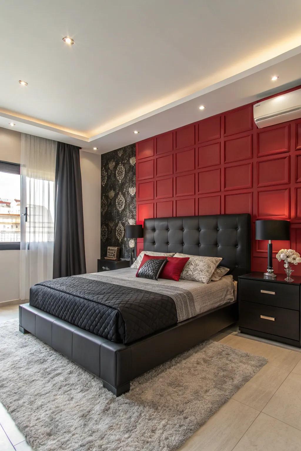A vibrant accent wall enhances ebony furniture, infusing depth and dynamism.