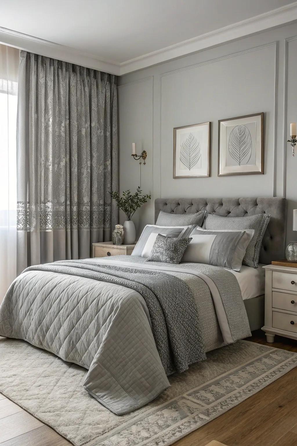 A peaceful bedroom showcasing a harmonious dove gray single-tone scheme.