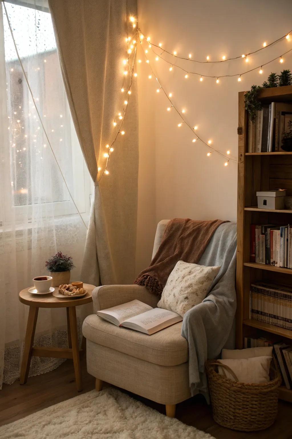 A bedroom nook illuminated by soft string lights, creating a calming ambiance.