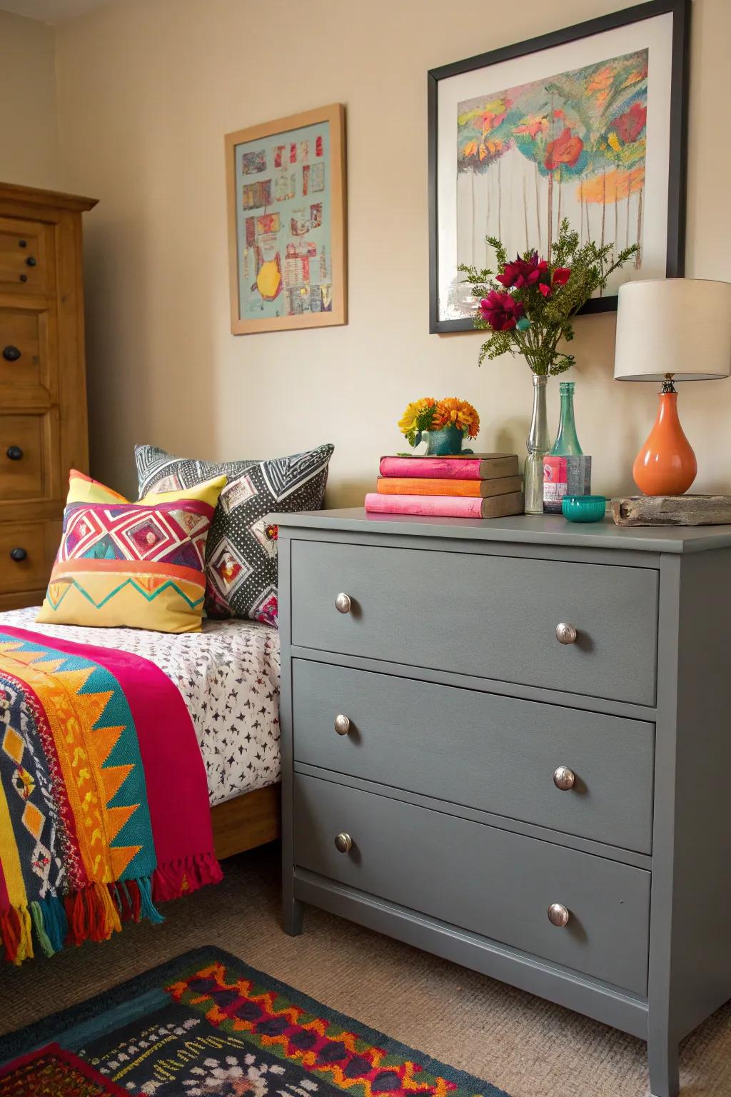 Make a strong visual statement with a grey dresser and lively accents.