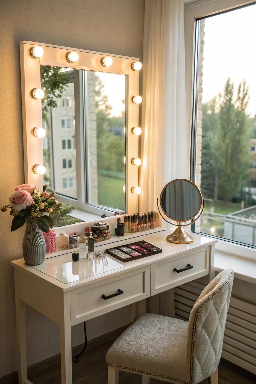 A dressing table ideally situated to maximize natural illumination.