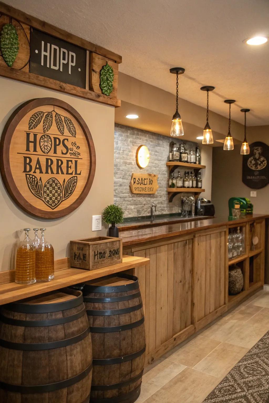 Themed brewery decor provides a country-style touch to your bar.
