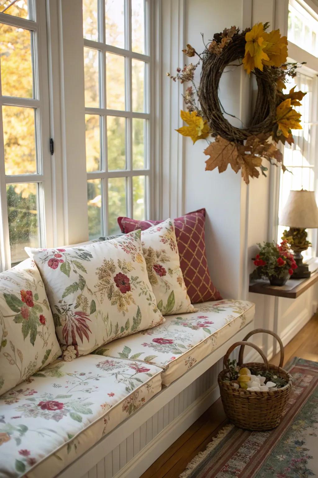 Floral cushions infuse a springtime freshness to any bench.