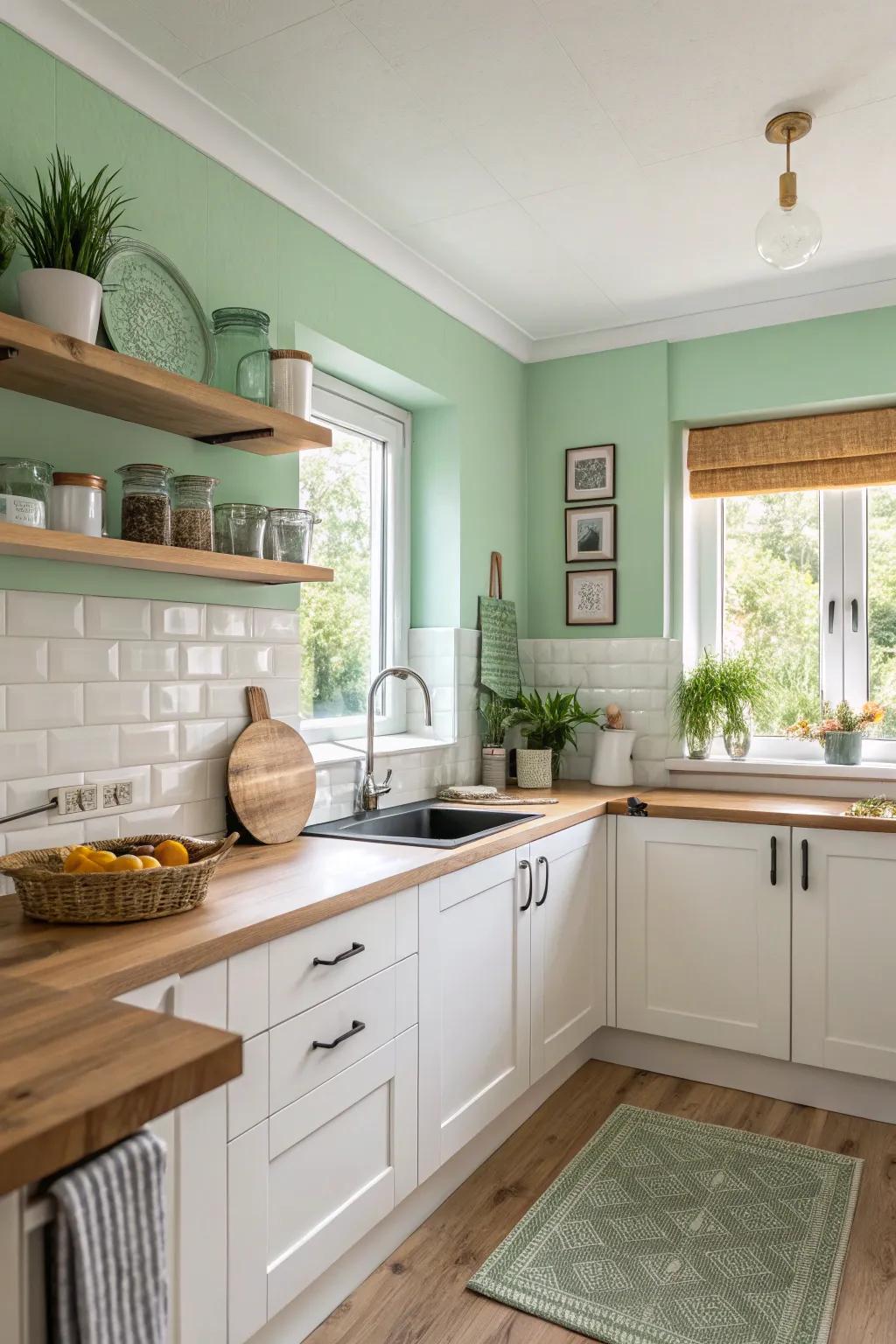 A bright, airy kitchen decorated with leaf green walls.