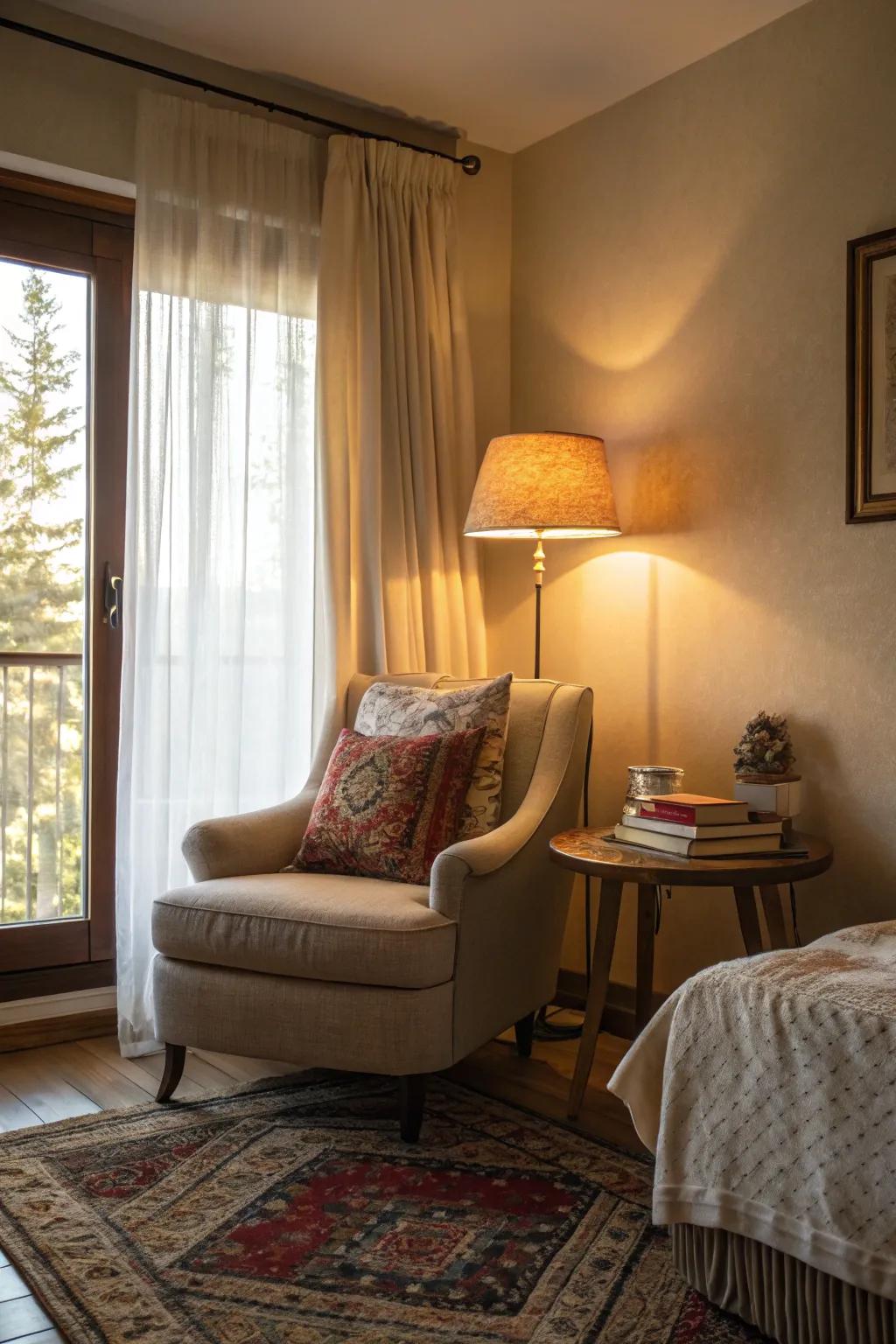 A snug seating enclave within a spacious bedroom, ideal for relaxation.
