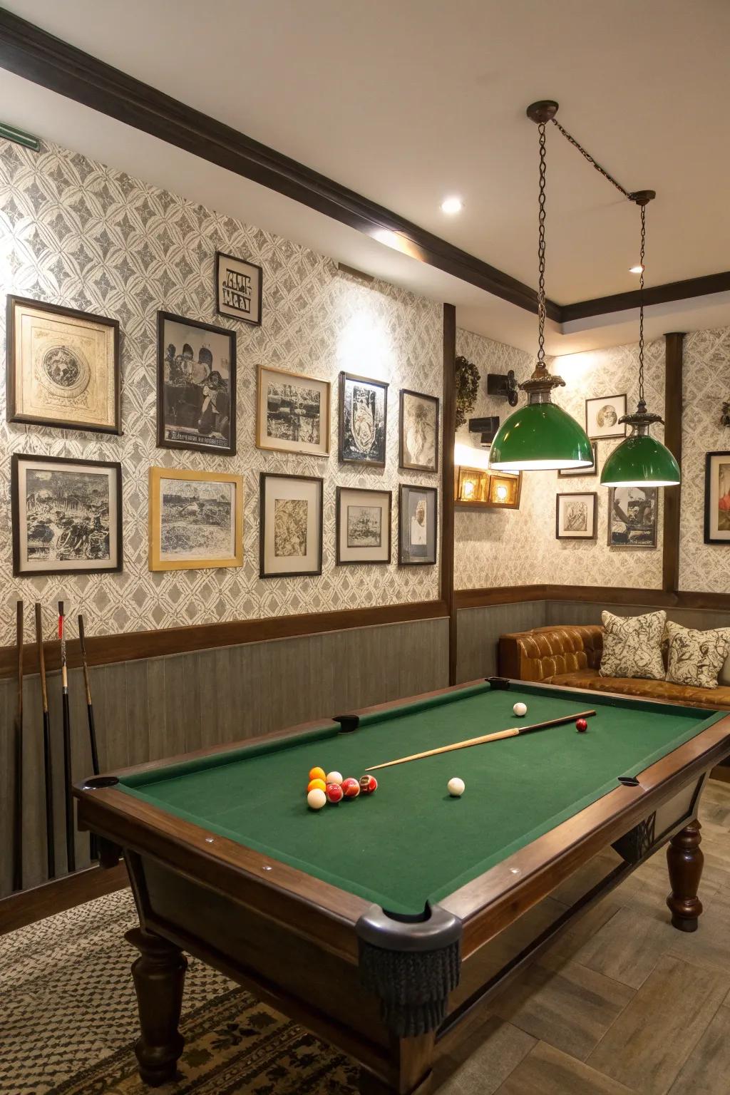 Artistic wall decor that adds a personal spin to a billiard room.
