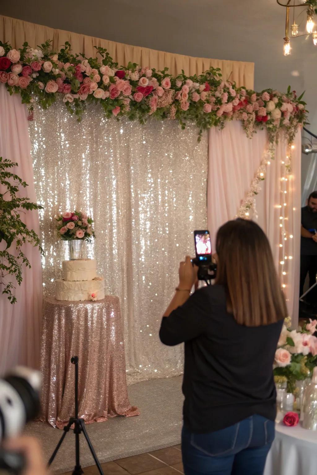 A beautiful sequin and floral backdrop ideal for celebration images.
