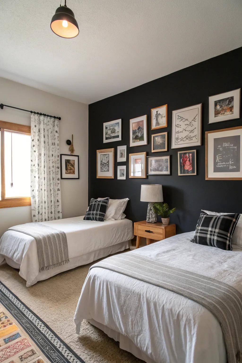A black statement wall in a bedroom, beautifully adorned with framed art.