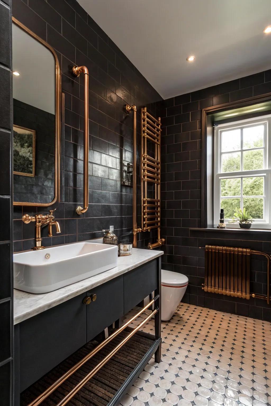 Dark walls make a stunning contrast with copper accents.