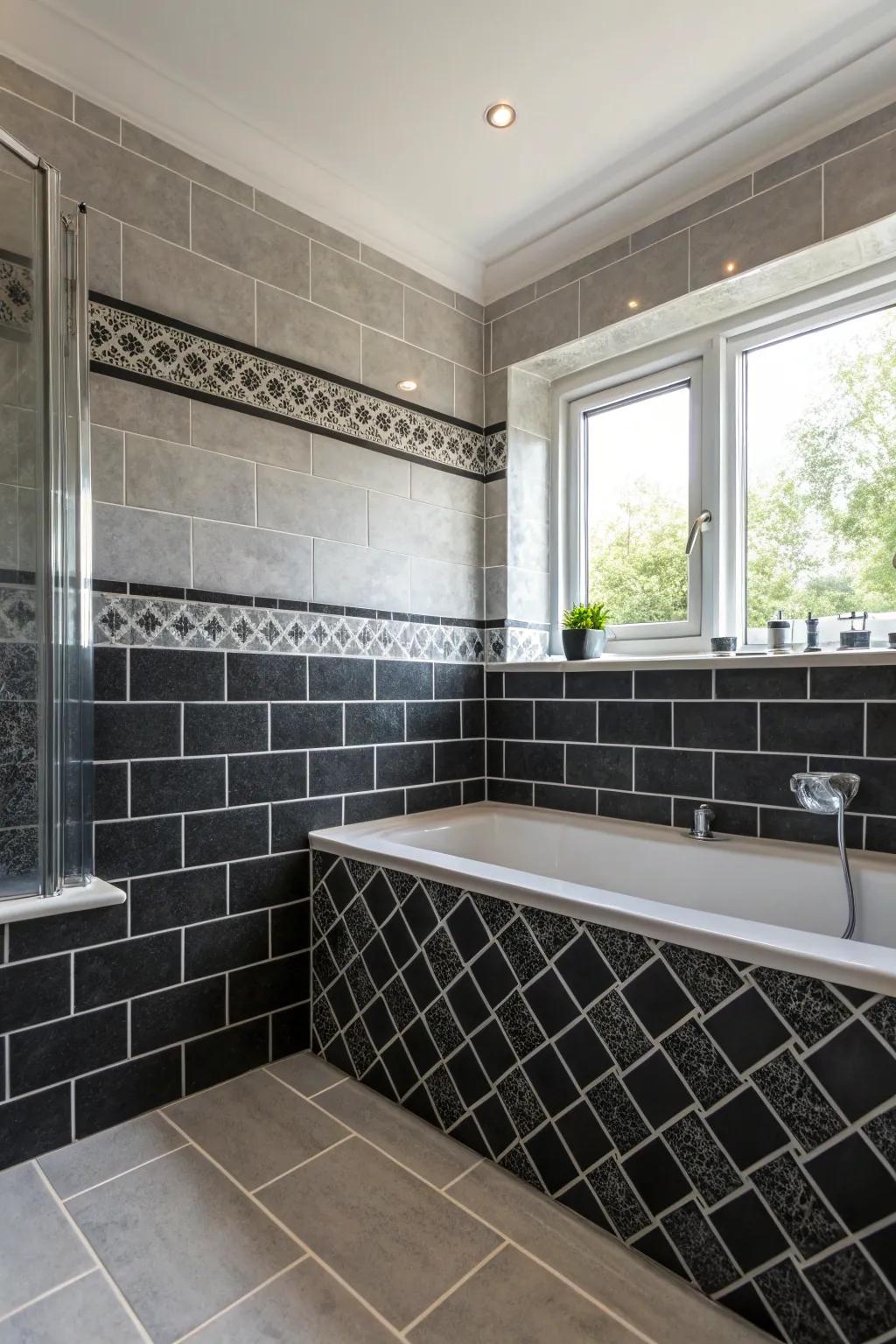 A bathroom showcasing varied dark and grey floor finishes for a vibrant appearance.