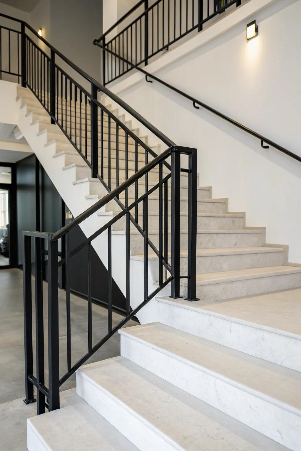 A minimalist staircase featuring black railings for a modern aesthetic.