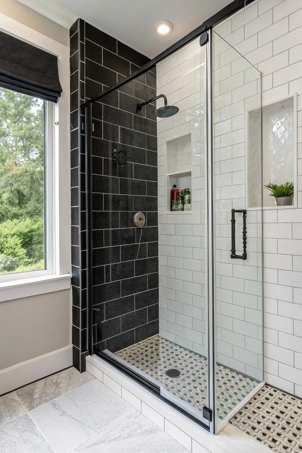A black tile emphasized divider introduces drama and dimension to this shower.