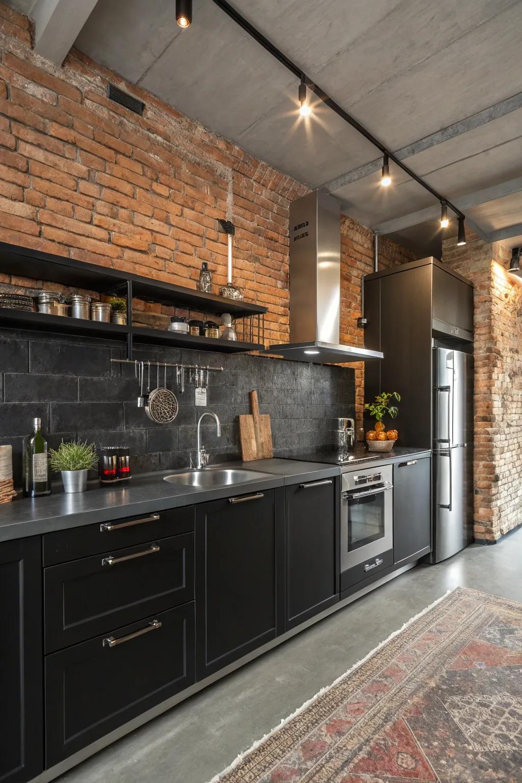 An industrial chic kitchen where an ebony backsplash complements urban design features.